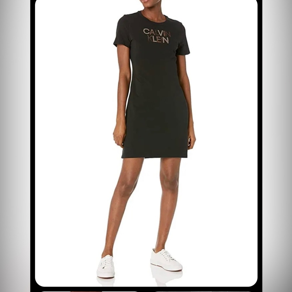 Calvin Klein Dress Knit Short-Sleeve Black CK Crystal Logo Womens Plus